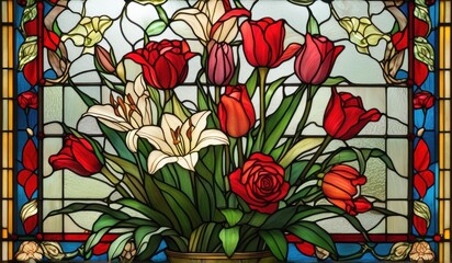 A vibrant stained glass window depicting a stunning arrangement of lilies, roses, and tulips in a