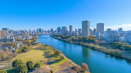 Fototapeta premium Panoramic view of a city skyline with a river flowing through a park.