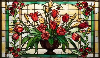 A vibrant stained glass window depicting a stunning arrangement of lilies, roses, and tulips in a