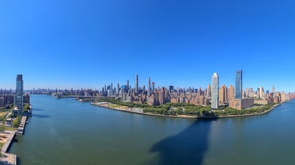 Naklejka premium Panoramic view of city skyline and river under clear skies.