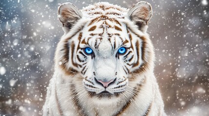 Majestic white tiger staring with intense blue eyes in winter wonderland