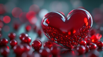 Stunning 3D heart formed by a mix of glass and metallic red spheres, with smooth reflective surfaces creating a romantic, abstract composition