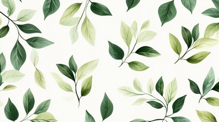 Elegant flat design with green leaves gracefully drifting on a clean white background, evoking a sense of freshness and environmental harmony.