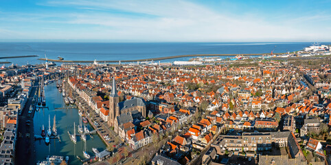Aerial from the historical town Harlingen in Friesland the Netherlands