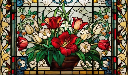 A vibrant stained glass window depicting a stunning arrangement of lilies, roses, and tulips in a