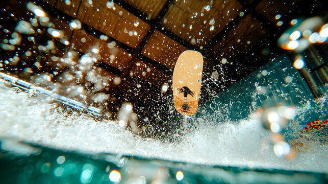Wakeboarder splashing into water, underwater view.