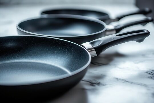 Premium non-stick cookware set displayed on marble surface for modern kitchen design.