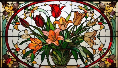 A vibrant stained glass window depicting a stunning arrangement of lilies, roses, and tulips in a