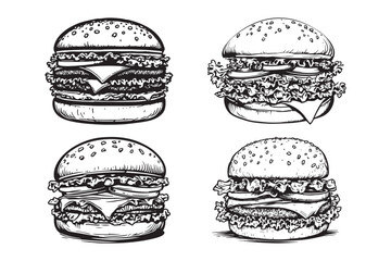 Hand-Drawn Black and White Burger Illustrations Set