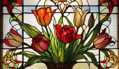 A vibrant stained glass window depicting a stunning arrangement of lilies, roses, and tulips in a