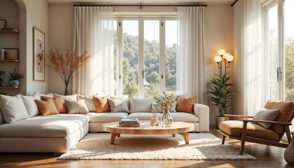 Spacious cozy living room with light corner sofa, white and brown cushions, round wooden coffee table, fluffy light rug, armchair, tall green plant, and natural light for a comfortable, modern, and st