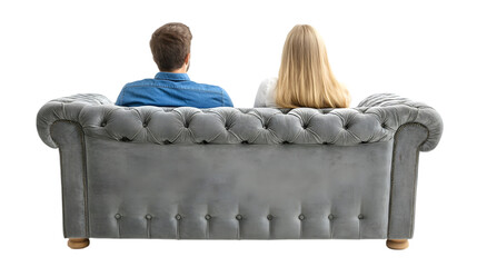 Couple Relaxing on Gray Velvet Chesterfield Sofa  Back View