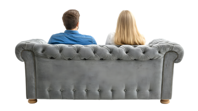Couple Relaxing on Gray Velvet Chesterfield Sofa  Back View