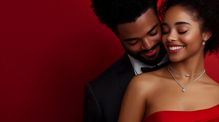 Elegant couple in formal attire with luxury jewelry on red background, suitable for high-end brand marketing, wedding services, fashion campaigns and sophisticated lifestyle content