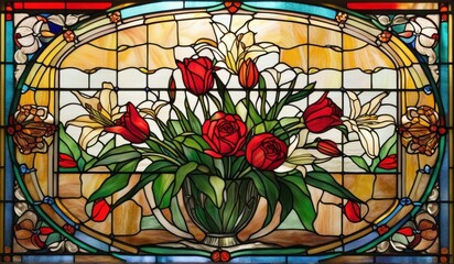 A vibrant stained glass window depicting a stunning arrangement of lilies, roses, and tulips in a
