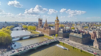 Obraz premium Panoramic view of London's iconic landmarks Big Ben, Houses of Parliament, and Westminster Bridge under a sunny sky.