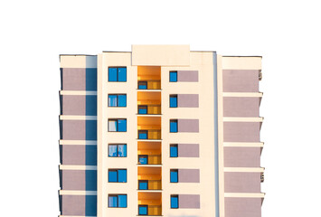 Modern multistory residential building. Urban condo with yellow balconies, large windows, and a sleek facade, featuring a visible roof and textured exterior. Contemporary high rise architecture ideal