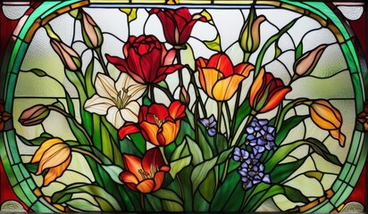 A vibrant stained glass window depicting a stunning arrangement of lilies, roses, and tulips in a