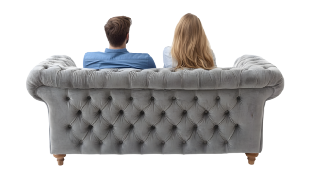 Couple Relaxing on Gray Tufted Sofa  Back View  Home Comfort