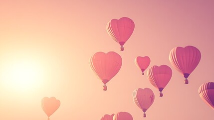 Pastel pink background with heart-shaped hot air balloons floating gently