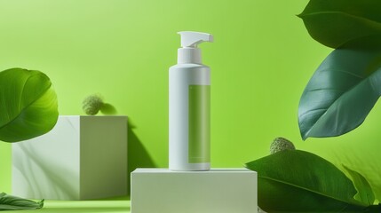 Powerful cleaning spray bottle with green leaves and geometric shapes for eco-friendly product presentation.
