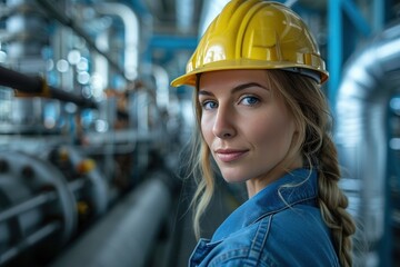 A confident woman in a hard hat stands in an industrial environment, showcasing strength and professionalism in a modern workplace.