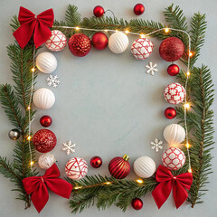 Christmas light frame decorated with red and white baubles, bows and fir branches. Copy space in the center
