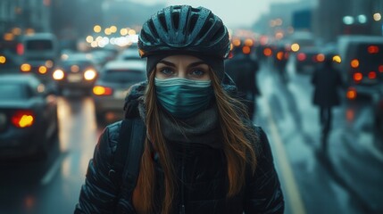 Fototapeta premium Urban congestion, smog-filled air, a masked cyclist navigating through a sea of idling vehicles, highlighting environmental concerns and urban life