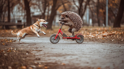 Playful hedgehog riding red scooter with curious dog in autumn forest path