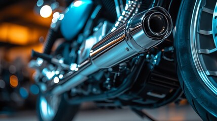 Close-up of a shiny motorcycle exhaust pipe with blurred background, showcasing details and reflections