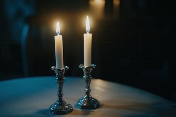 Elegant candlelit ambiance with pair of tall white candles on silver holders.
