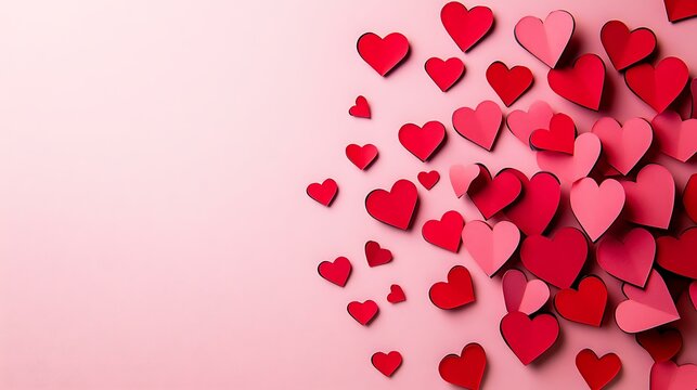 Romantic flat lay of red paper cut hearts scattered on a soft pink surface, ideal for anniversary or Motherâ€™s Day greeting card designs