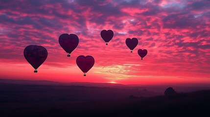 Fototapeta premium Dreamy pink sunset with heart-shaped hot air balloons floating in the distance