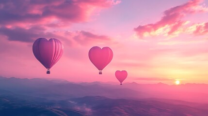 Fototapeta premium Dreamy pink sunset with heart-shaped hot air balloons floating in the distance