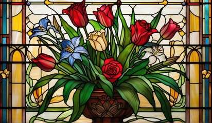 A vibrant stained glass window depicting a stunning arrangement of lilies, roses, and tulips in a