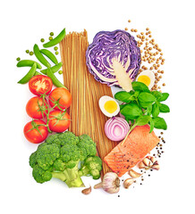 Kompozycja ze świeżych warzyw, łososia i makaronu razowego, kaszy i ziół na białym tle © Jolaya