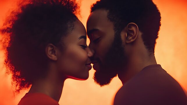 Romantic close-up of a couple kissing, their expressions full of love and affection, with a warm coral background evoking emotions of joy and connection