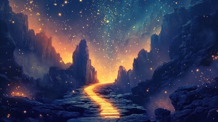 Fototapeta premium Enchanting Celestial Landscape with Glowing Pathway through Mystical Mountains and Starry Night Sky