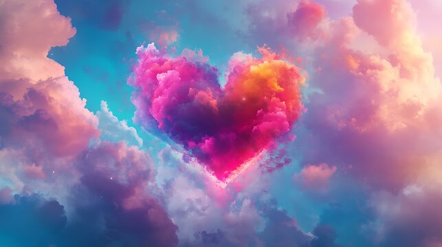 Romantic abstract design of a colorful heart floating amidst clouds, with bright hues blending into a dreamy sky setting