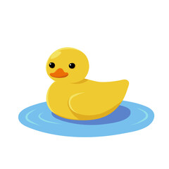 Yellow cartoon vector baby duck swimming in an oval lake. A bird swims in the water