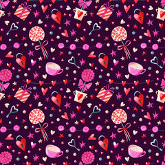 Valentine's Day seamless pattern. Watercolor hand drawn holiday endless background. Gift box, candy, heart lock, key, heart, garland. Romantic texture for wrapping paper and fabric.