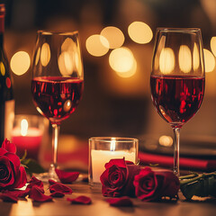 Couple Enjoying a Romantic Candlelit Dinner with Wine Glasses and Red Roses on Valentine's Day Night, Celebrating Love two glasses of red wine and rose