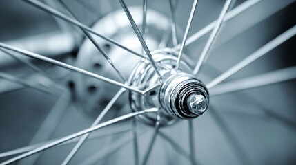 Close-up of a bicycle wheel valve with spokes in a minimalistic, blurred background