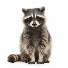 Curious raccoon sitting and staring on a white background, showcasing its distinctive markings and furry texture