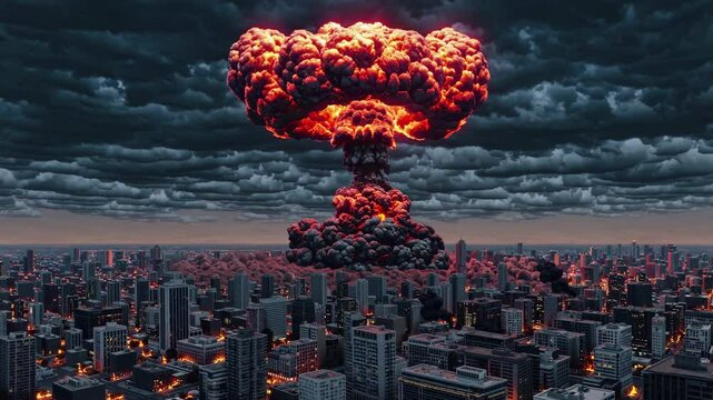 Mushroom cloud rising over burning city buildings, demonstrating devastating power of atomic bomb and its apocalyptic impact on urban centers. Nuclear explosion engulfing cityscape