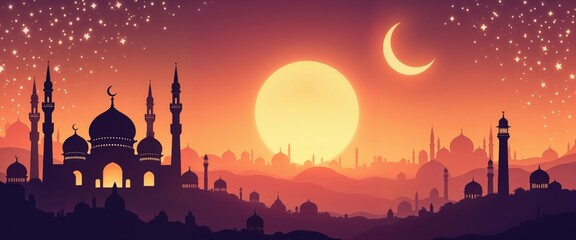 Silhouette of Mosque Against Sunset Sky for Isra Miraj.Faith, unity, and tranquility under a celestial evening sky.Religious poster, Isra Miraj, cultural celebration, festive banner.


