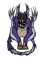 A purple cartoon monster with big teeth, claws and hooves. Scary character with long tail isolated on white background