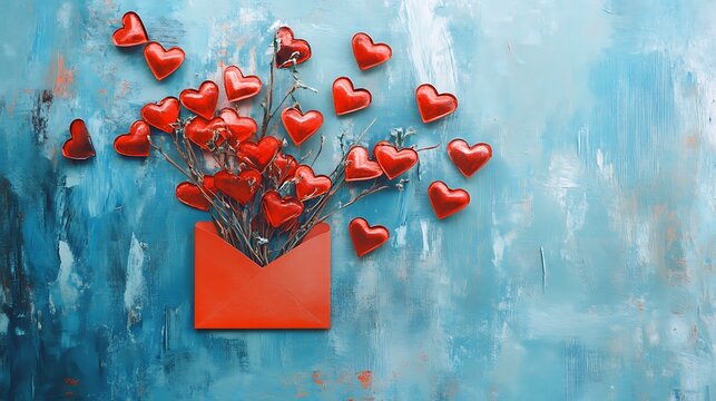 Red envelope with heart-shaped decorations arranged on a soft blue surface, ideal for a Valentineâ€™s Day greeting design