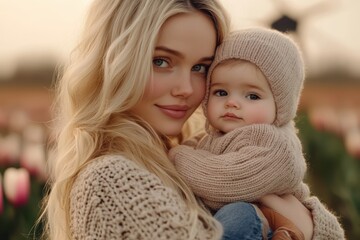 Obraz premium woman holding her baby in front of the beautiful tulip field and windmill