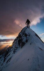 A person celebrating reaching the top of a mountain at sunrise.

